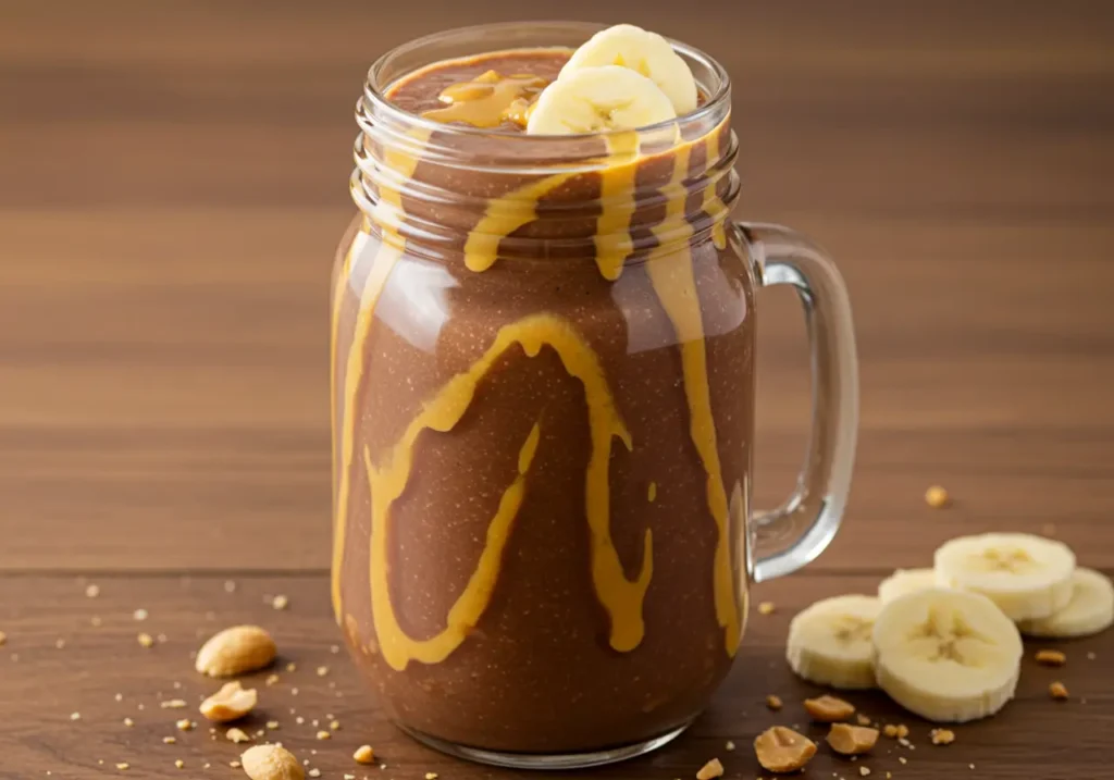 A thick chocolate-colored shake in a mason jar, drizzled with peanut butter and topped with banana slices.