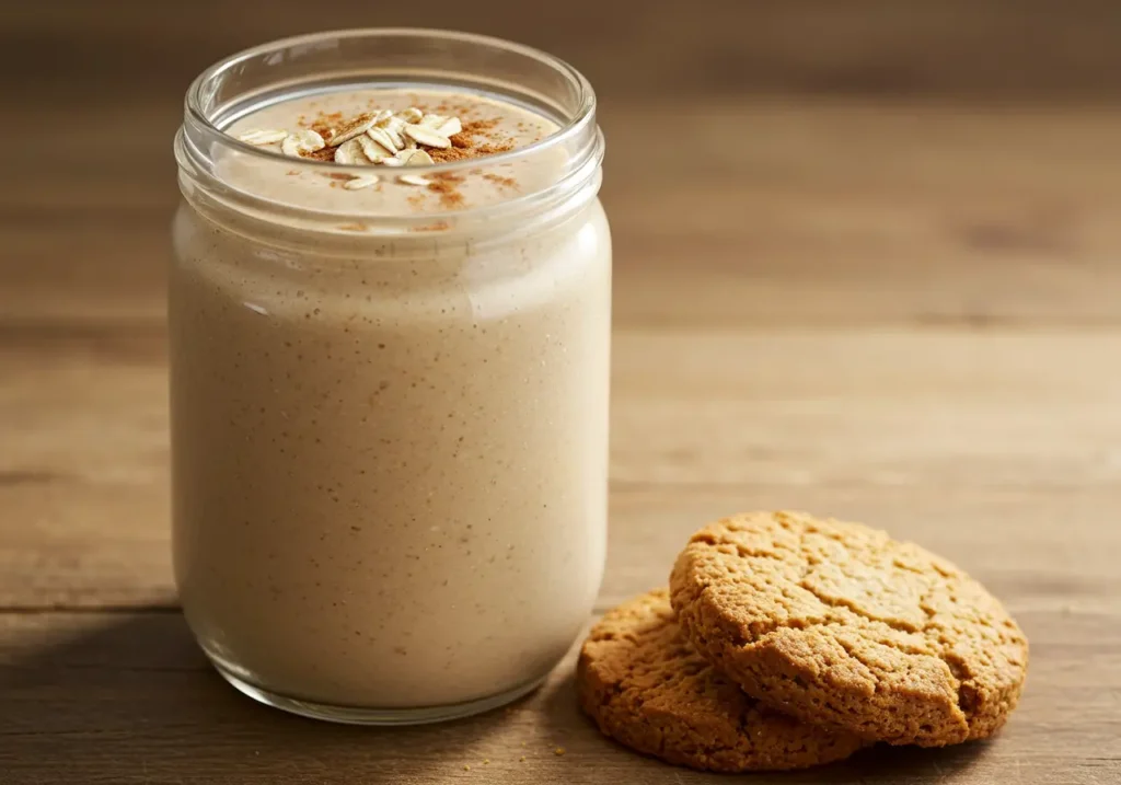 A beige smoothie in a rustic glass jar topped with oats and a dusting of cinnamon, next to a homemade cookie.