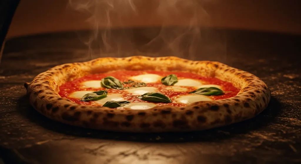 Neapolitan pizza with charred leopard-spotted crust, tomato sauce, melted mozzarella, and wilted basil