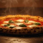 Neapolitan pizza with charred leopard-spotted crust, tomato sauce, melted mozzarella, and wilted basil