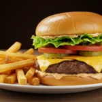 Smashburger stacked with melted cheese, pickles, lettuce, and tomato on a toasted bun, served with golden fries