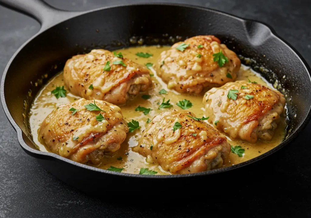 Browned chicken thighs in a cast iron skillet covered with golden garlic parmesan sauce and garnished with chopped parsley.