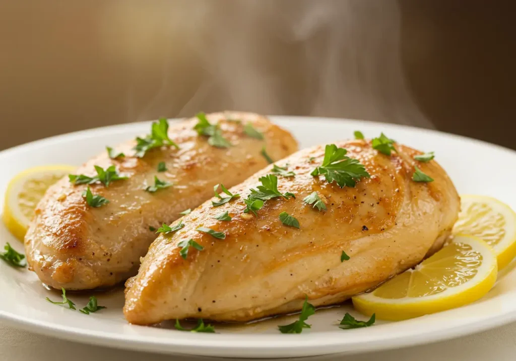 Close-up of two golden-brown chicken breasts on a white plate, garnished with parsley and lemon wedges with steam rising