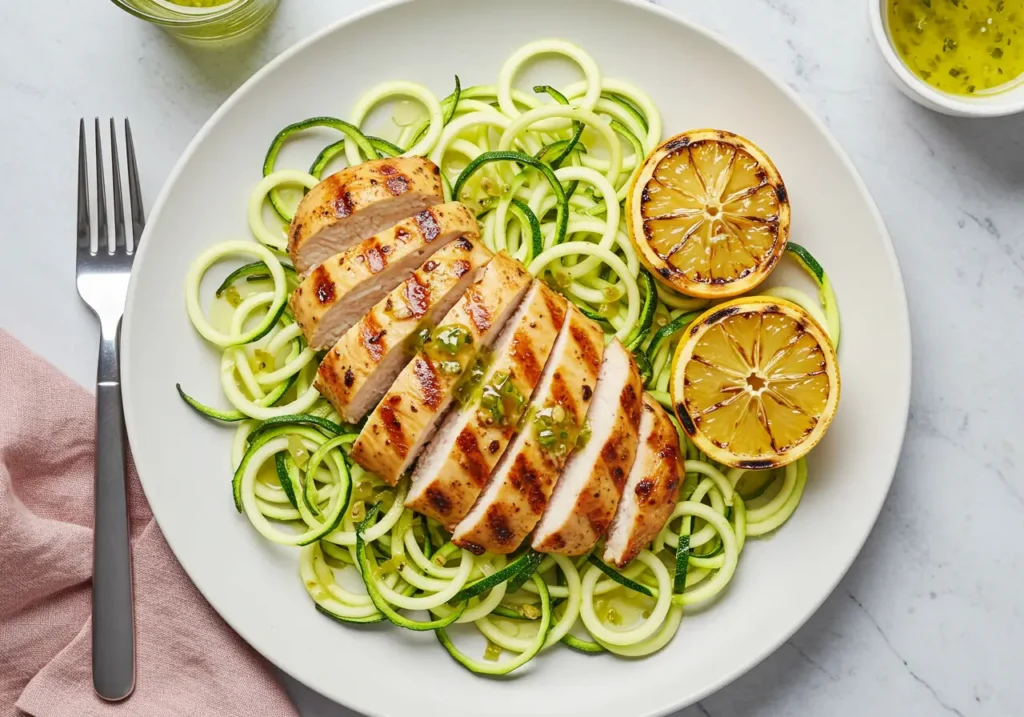 Slices of grilled chicken breast on zucchini noodles, topped with lemon herb dressing and grilled lemon slices.