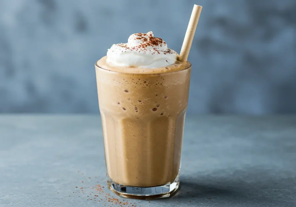 An iced coffee-colored smoothie in a glass topped with whipped coconut cream and a sprinkle of cocoa, with a paper straw.