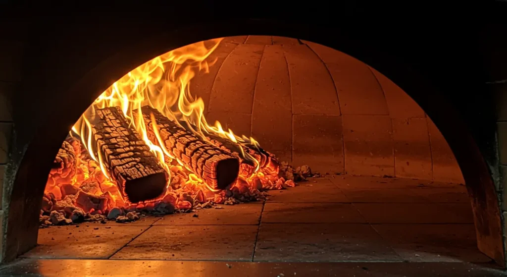 View inside a brick pizza oven with glowing embers, orange flames, and a searing hot dome