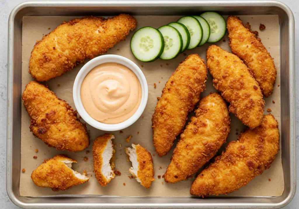 Golden chicken tenders on a tray with keto dipping sauce and cucumber slices.