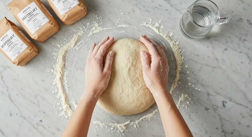 Flour-dusted hands kneading a ball of dough on a marble countertop, with flour bags and a water pitcher in the background