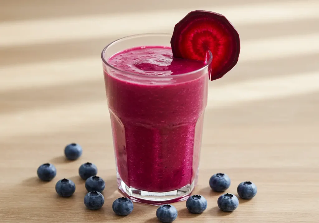 A magenta shake in a clear glass with a beet slice on the rim, blueberries scattered on the table.