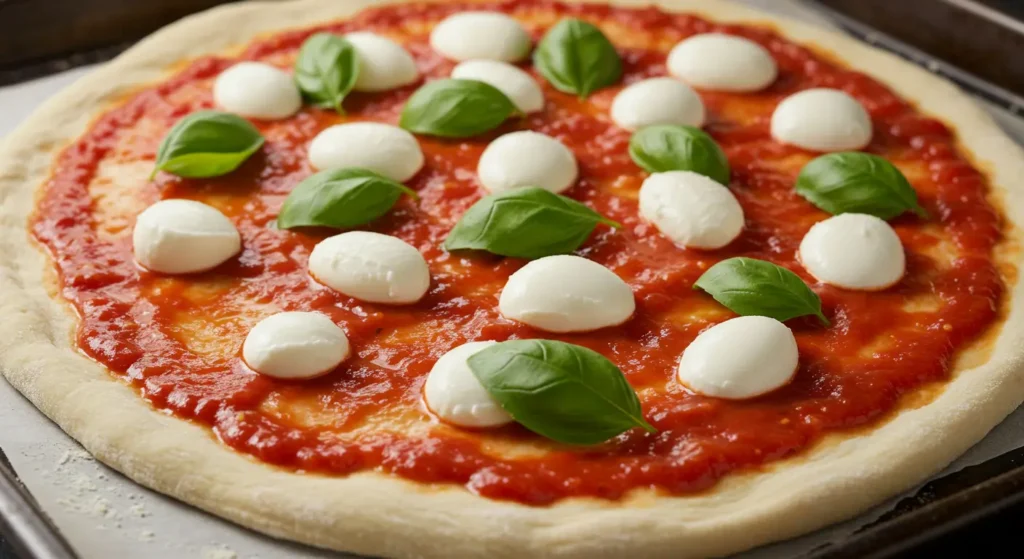 Partially assembled Margherita pizza with tomato sauce, mozzarella rounds, and fresh basil leaves
