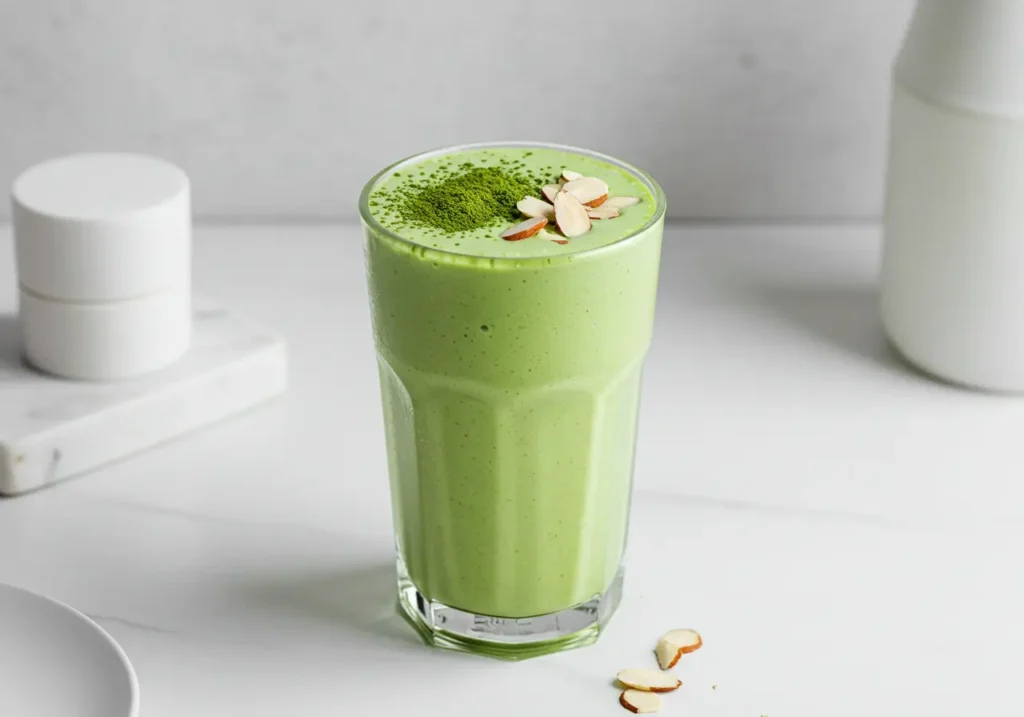 A light green shake topped with matcha powder and sliced almonds in a minimalist white setting.