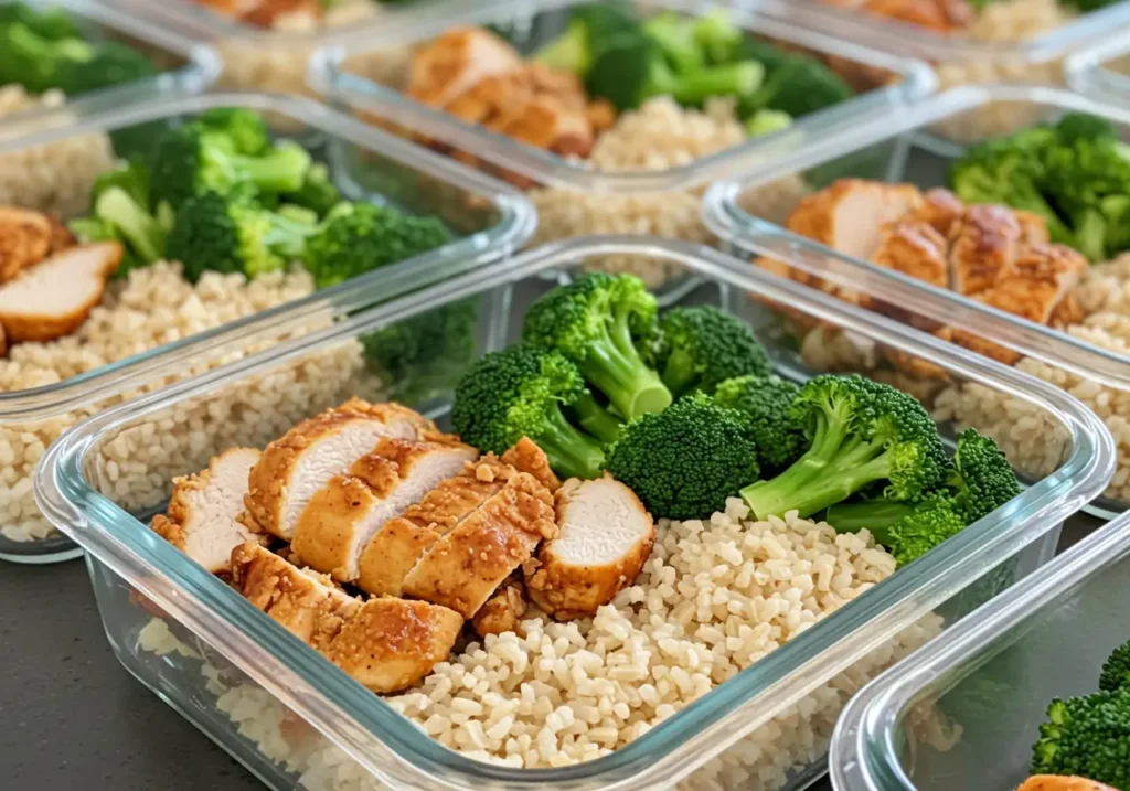 Glass containers filled with sliced air fryer chicken breast, steamed broccoli, and brown rice, neatly arranged for the week