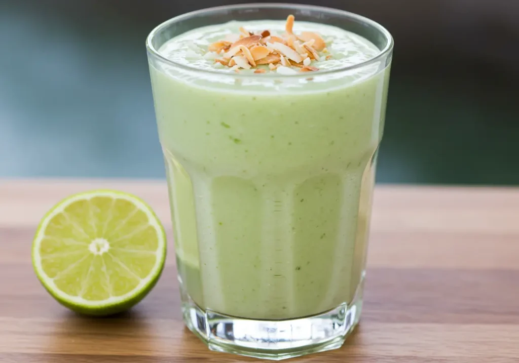 A thick pale green shake in a glass with toasted coconut flakes on top, served with a lime wedge.