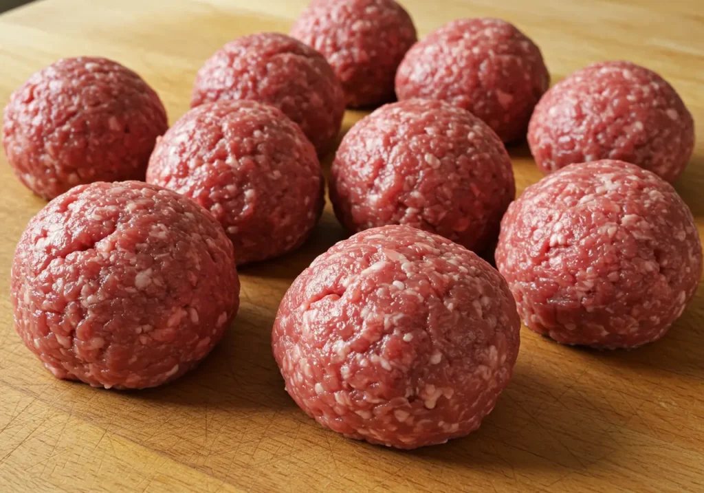 Several loosely formed raw beef balls on a wooden board, ready to be smashed
