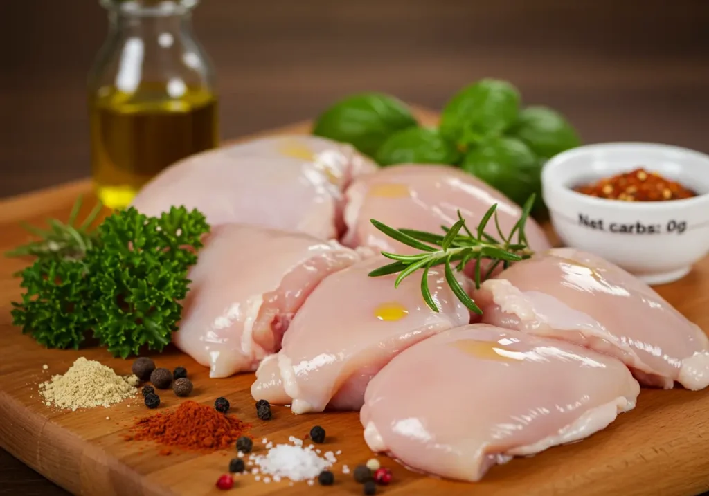 Raw chicken thighs and breasts on a butcher block, surrounded by fresh herbs, spices, olive oil, and a bowl labeled “net carbs: 0g”.