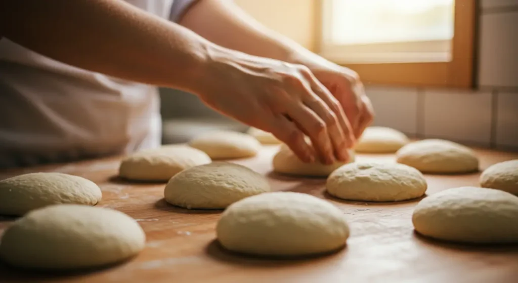Close-up of hands forming pizza dough into round balls on a wooden workbench near a sunlit window