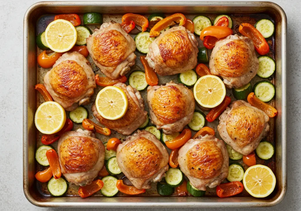 A sheet pan with browned chicken thighs surrounded by roasted zucchini, bell peppers, and lemon wedges.