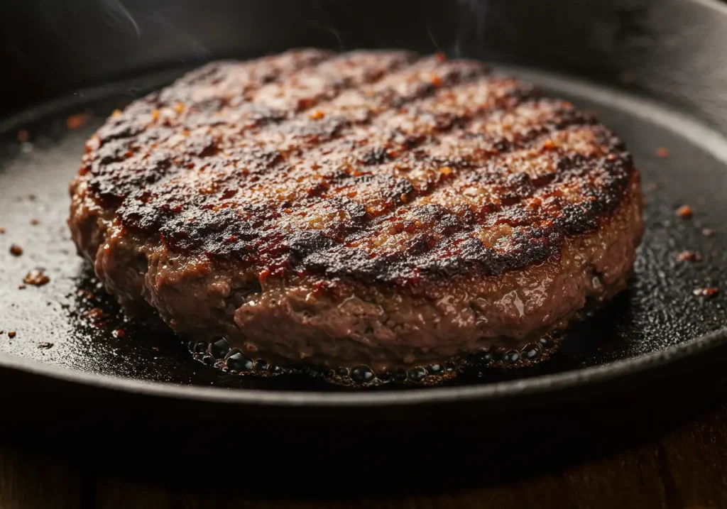 Close-up of a sizzling smashburger patty on a cast-iron skillet with crispy browned edges and bubbling fat around the sides.