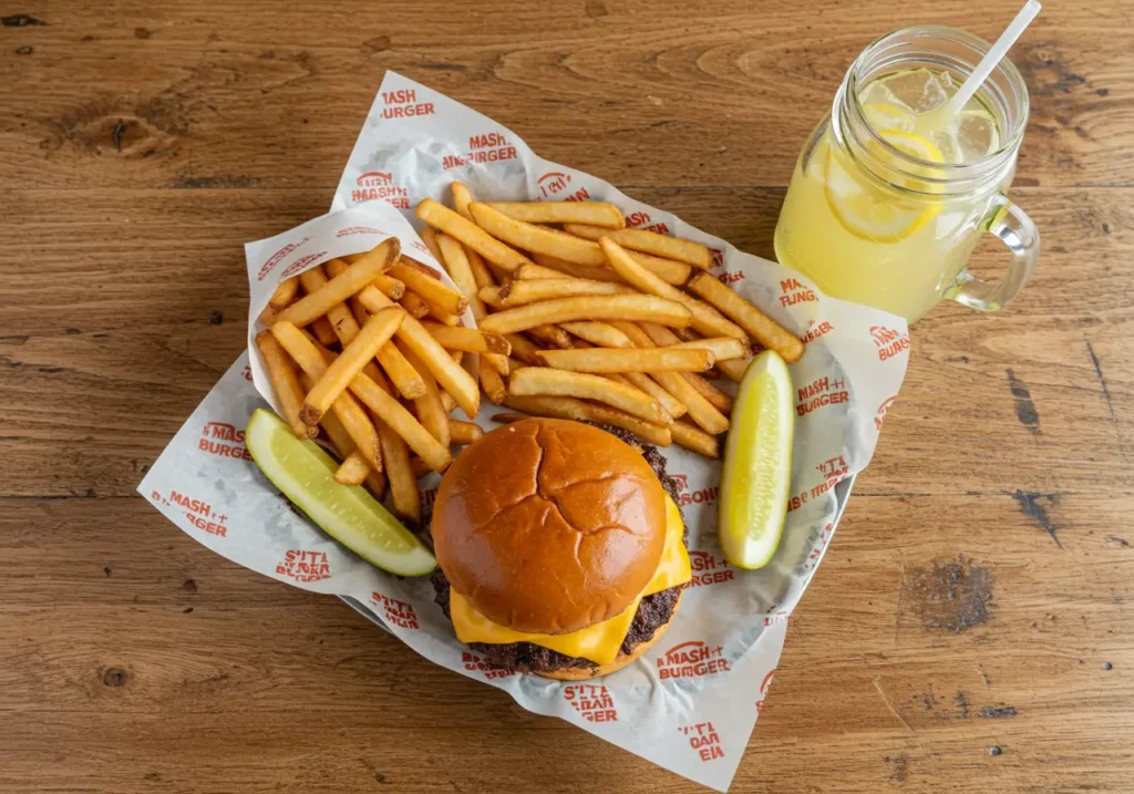 Overhead view of a smashburger with crispy fries, dill pickle spear, and a mason jar of lemonade on a rustic wooden table