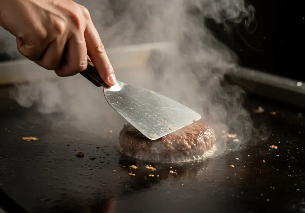 Hand pressing a beef ball with a metal spatula on a hot griddle, with steam and sizzle
