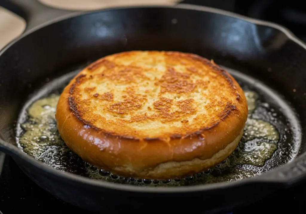 Golden-browned burger bun toasting cut-side down in a cast iron skillet with melted butter