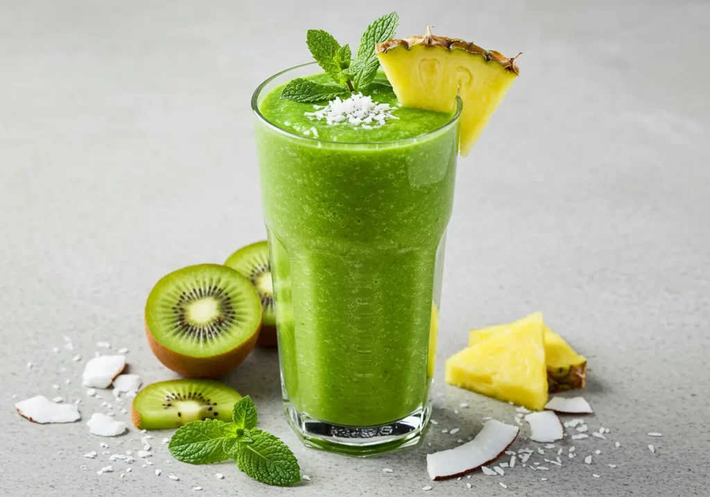 A green smoothie in a tall glass garnished with a pineapple wedge and mint, surrounded by sliced kiwi and coconut pieces.