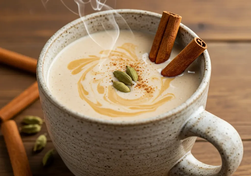 A creamy shake in a ceramic mug with visible cinnamon sticks and cardamom pods, steam rising from the surface.