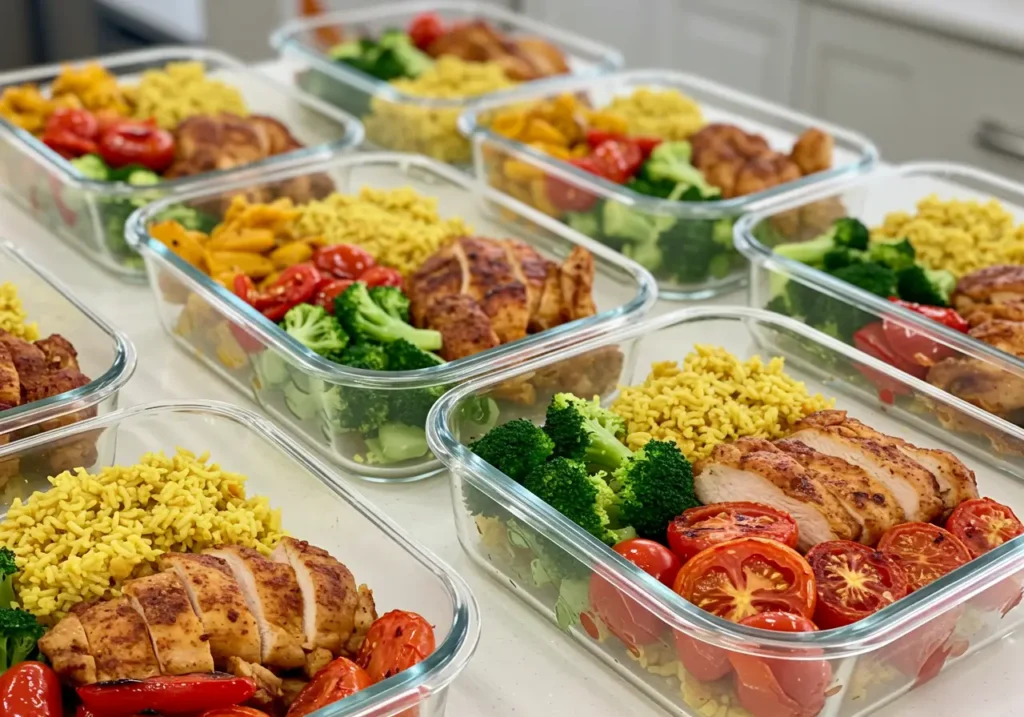 A row of glass meal prep containers filled with colorful chicken dishes, labeled with day-of-week stickers and carb counts.